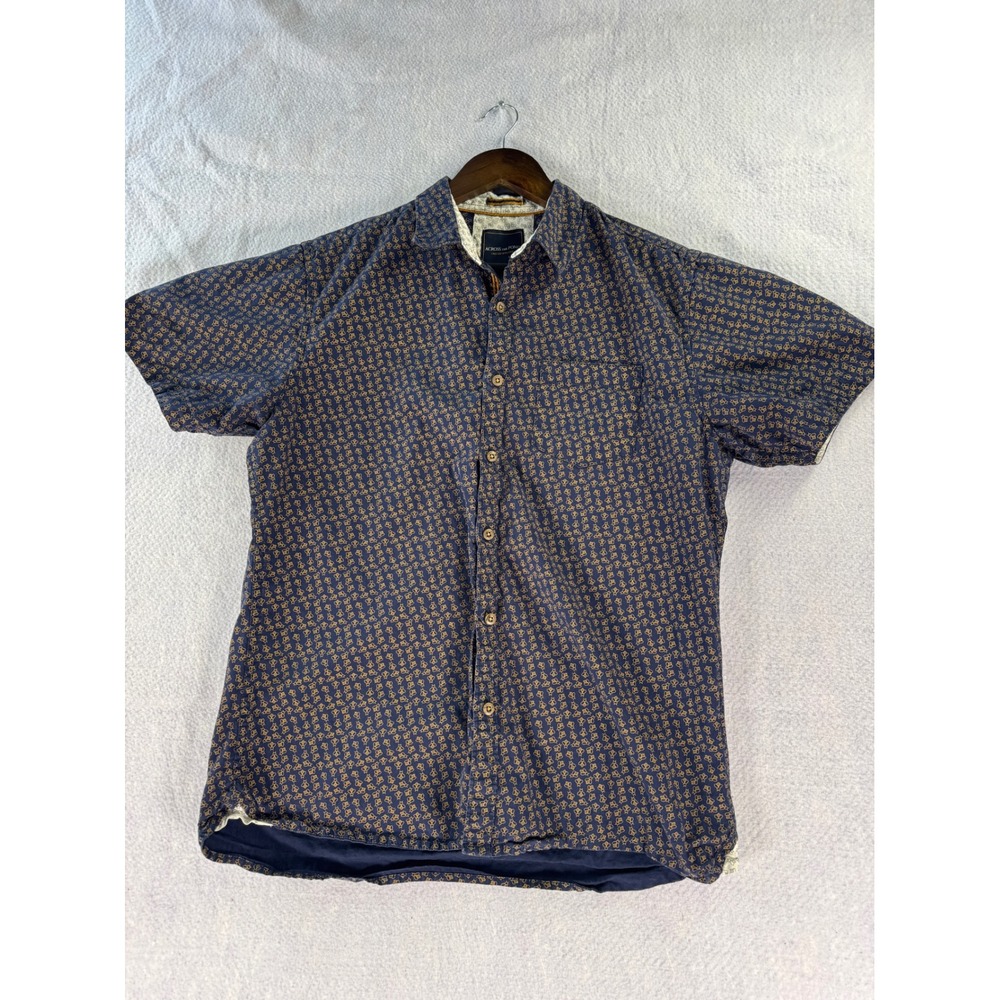 Across The Pond Mens Large Navy Blue Gold Honey Bee Print Short Sleeve Shirt